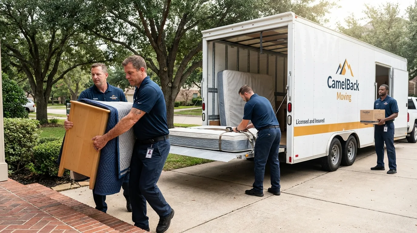 Crew loading residential truck for cross-state move from Bourg, LA