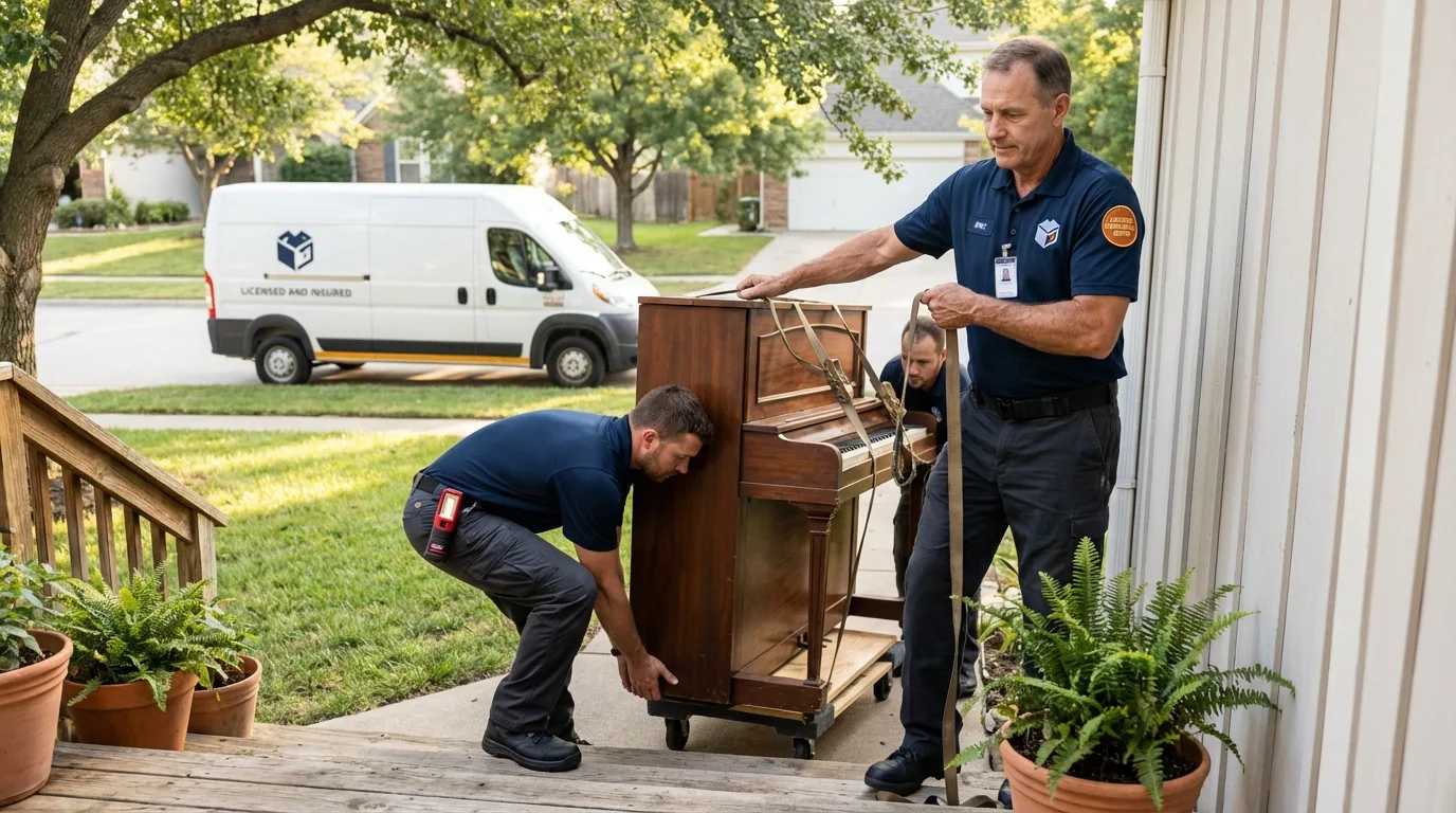 Licensed piano movers securing grand piano in Bourg, LA