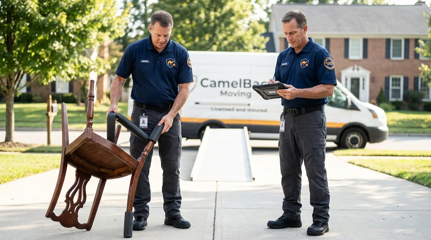 Movers inspecting furniture for damage prevention before loading in Bourg, LA