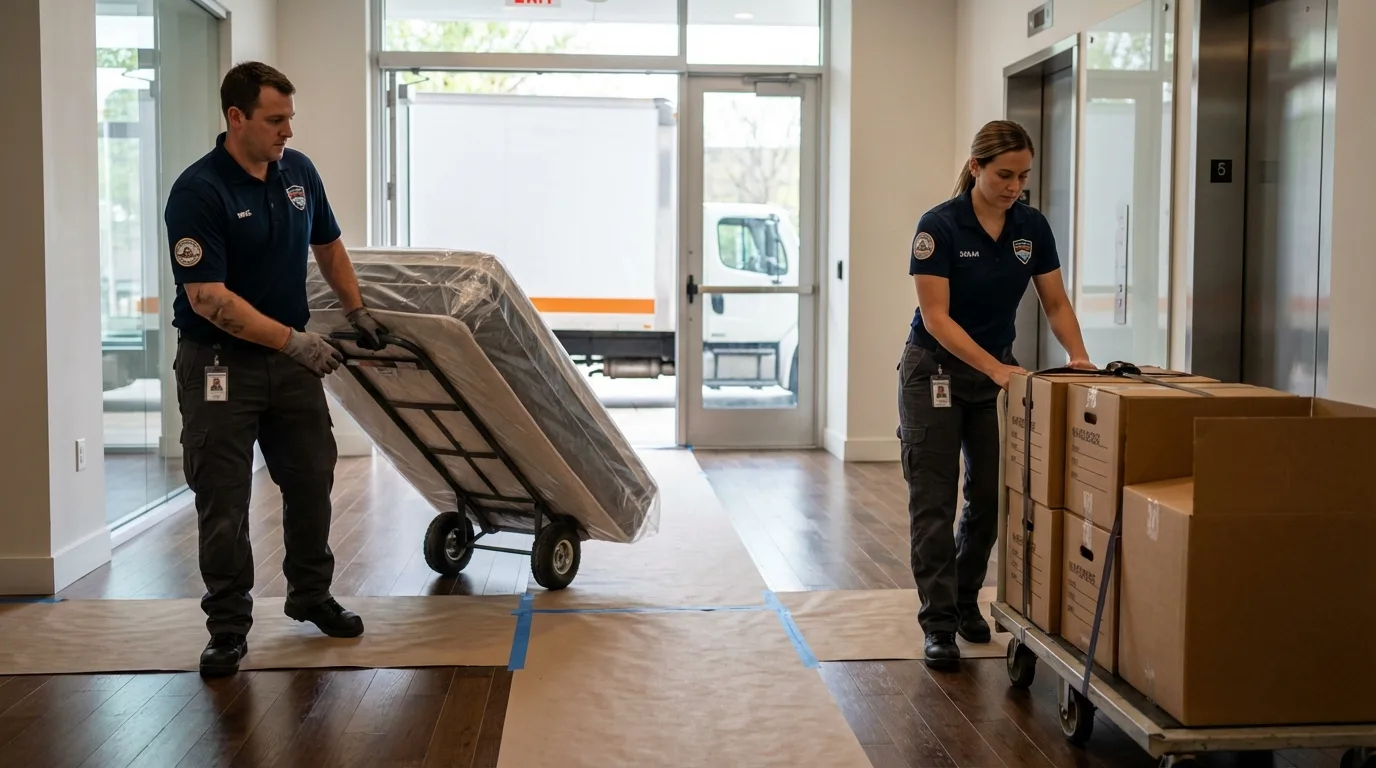 Professional apartment movers loading elevator in Bourg, LA